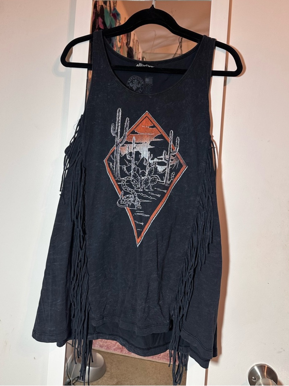 Affliction Black Fringe Graphic Tank with Desert Print